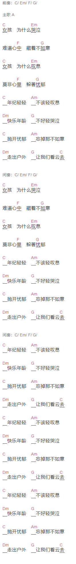  刘文正《让我们看云去》吉他谱C调和弦谱(txt)1