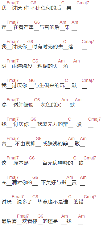 沈以诚《讨厌》吉他谱C调和弦谱(txt)1