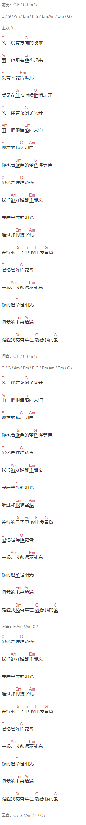 许绍洋《花香》吉他谱C调和弦谱(txt)1