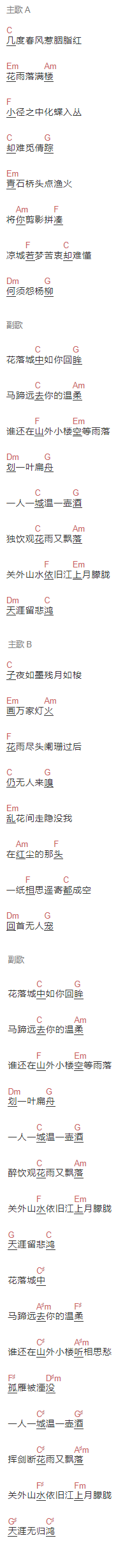 任然《花雨落》吉他谱C调和弦谱(txt)1