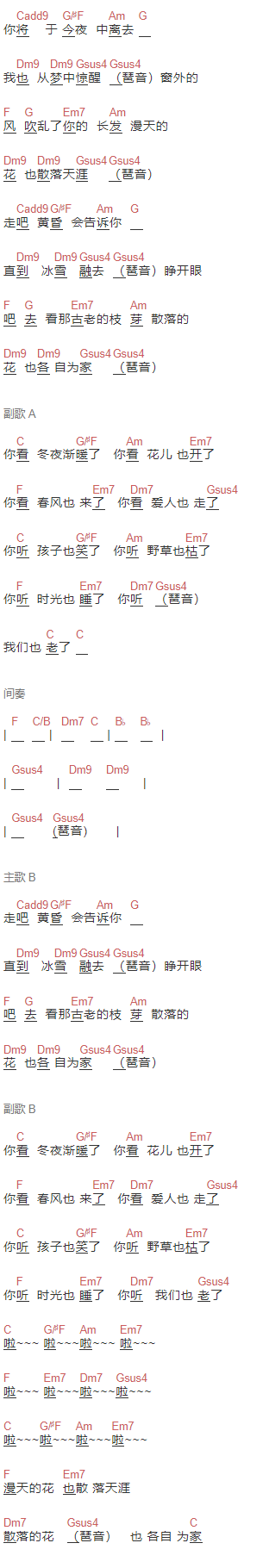 倪健《花落知多少》吉他谱C调和弦谱(txt)1