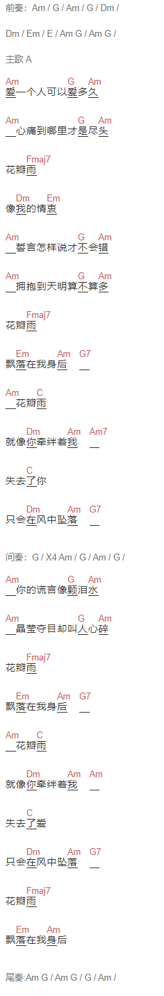 童安格《花瓣雨》吉他谱C调和弦谱(txt)1