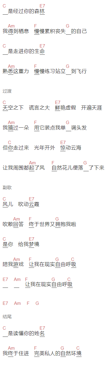陈粒《自然环境》吉他谱C调和弦谱(txt)1