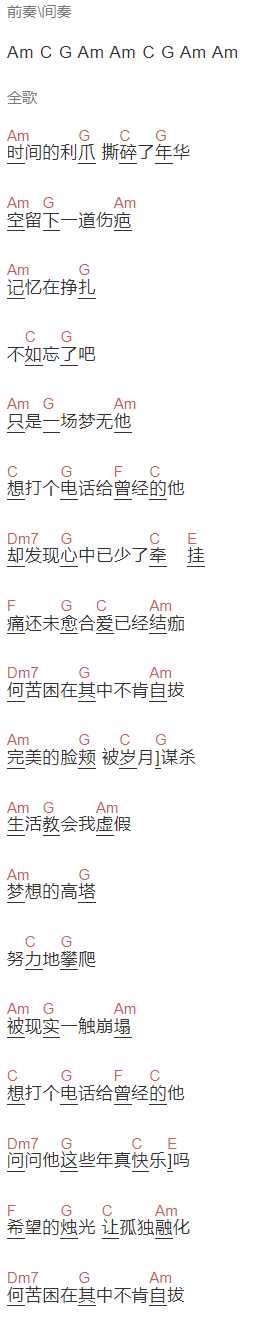 夏小虎《自拔》吉他谱C调和弦谱(txt)1