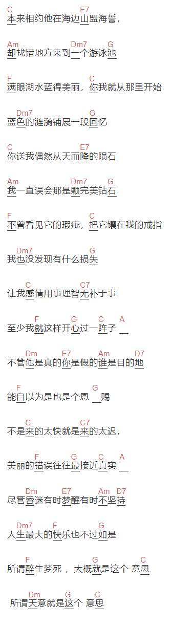 王菲《美错》吉他谱C调和弦谱(txt)1