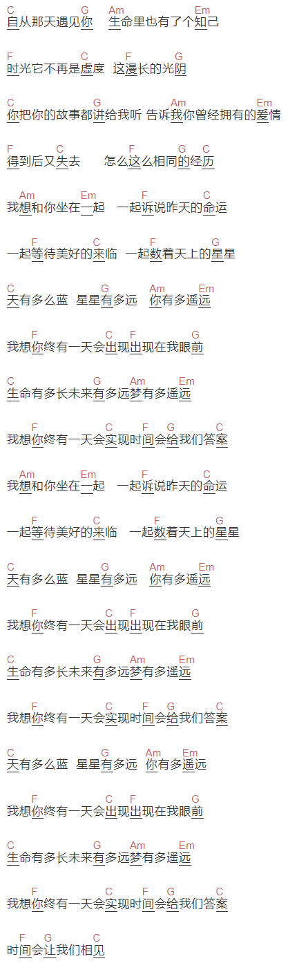 史超《自从那天遇见你》吉他谱C调和弦谱(txt)1