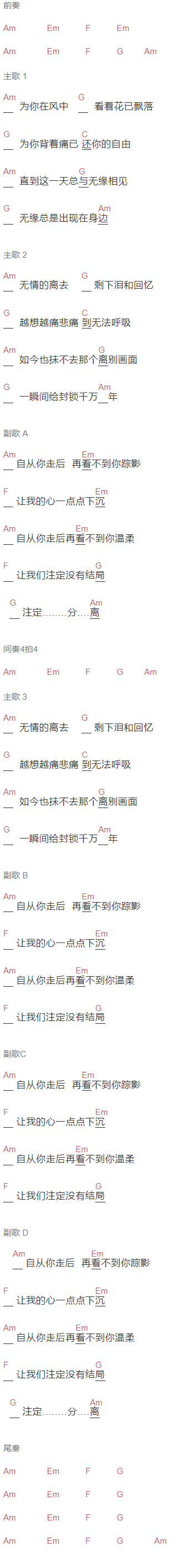 罗广振《自从你走后》吉他谱C调和弦谱(txt)1