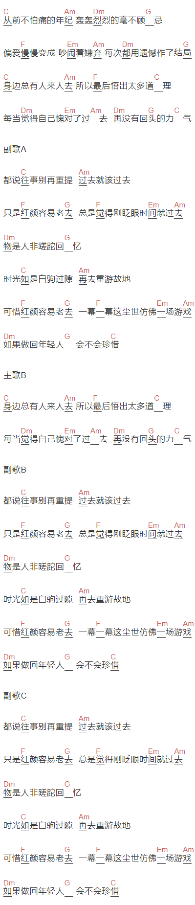 小曼《红颜易老》吉他谱C调和弦谱(txt)1
