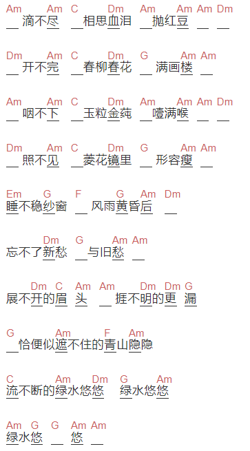 老歌《红豆曲》吉他谱C调和弦谱(txt)1