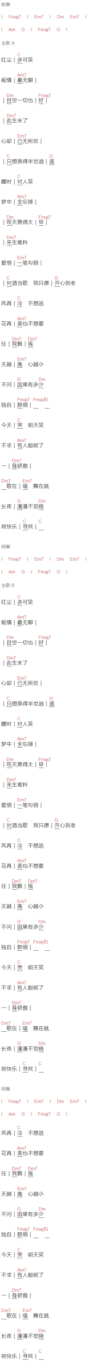  陈淑桦《红尘笑》吉他谱C调和弦谱(txt)1