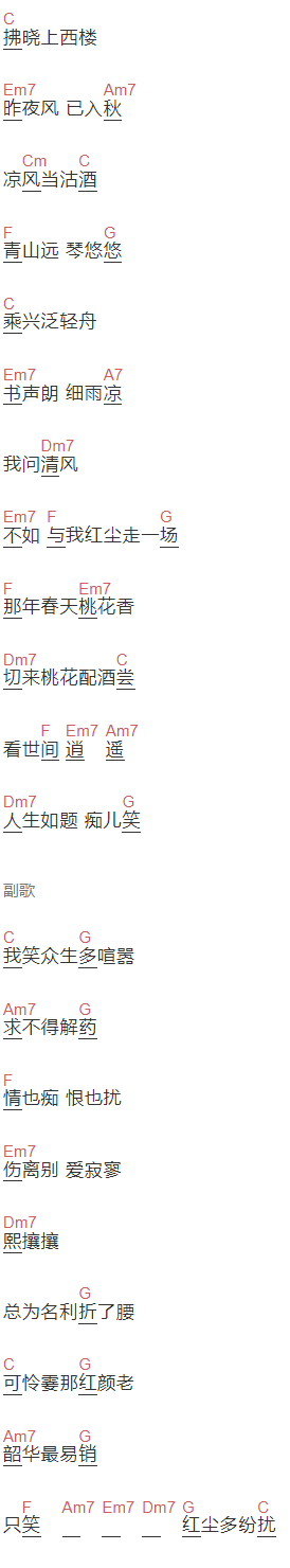 魏晨《红尘》吉他谱C调和弦谱(txt)1