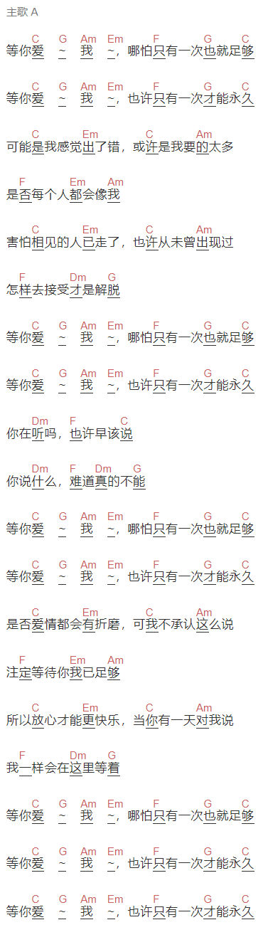 王九九《等你爱我》吉他谱C调和弦谱(txt)1