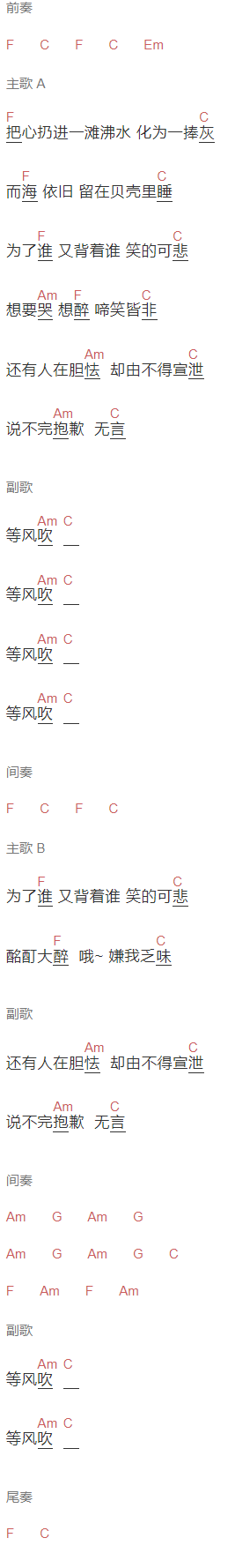 失眠少年《等风吹》吉他谱C调和弦谱(txt)1