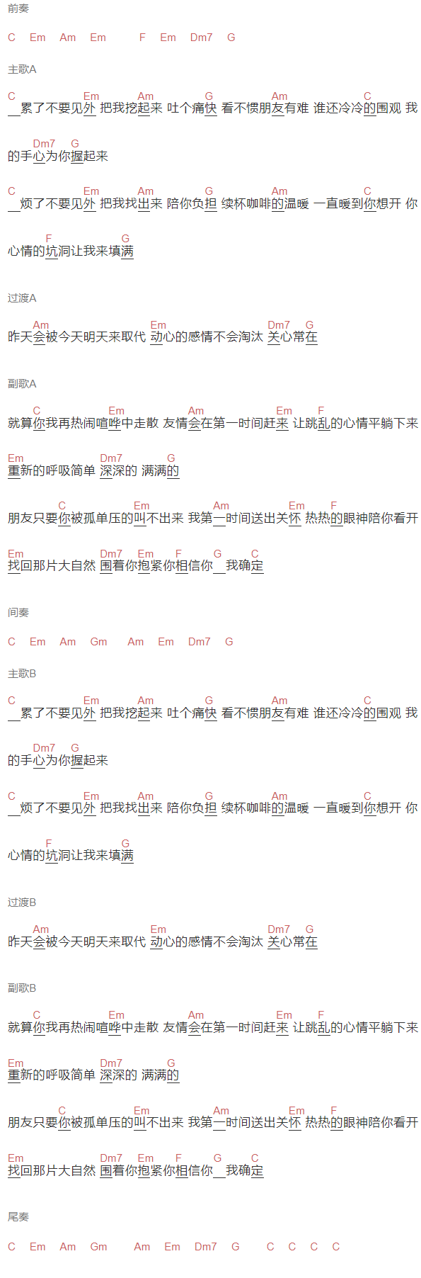 F4《第一时间》吉他谱C调和弦谱(txt)1