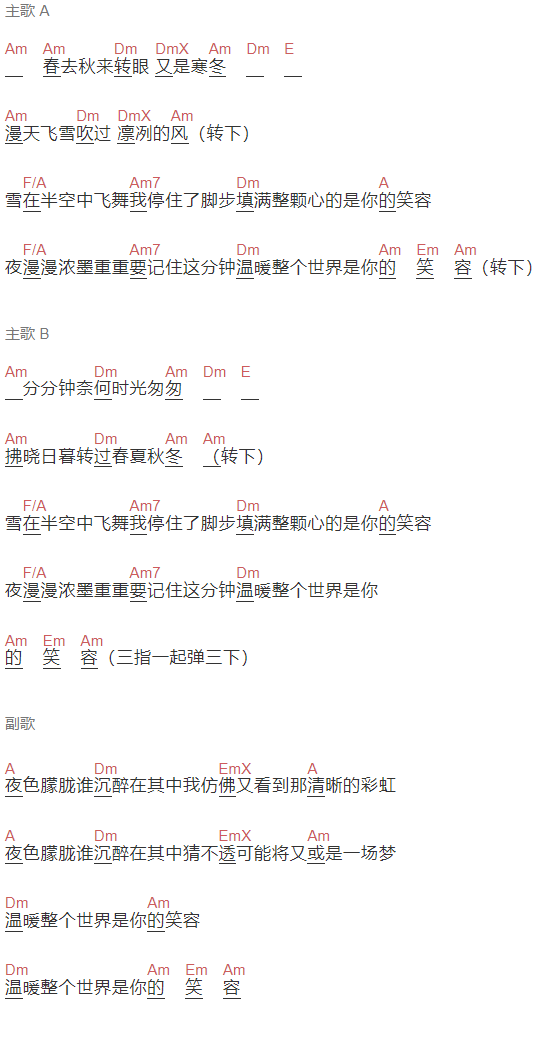 《笑容》吉他谱C调和弦谱(txt)1