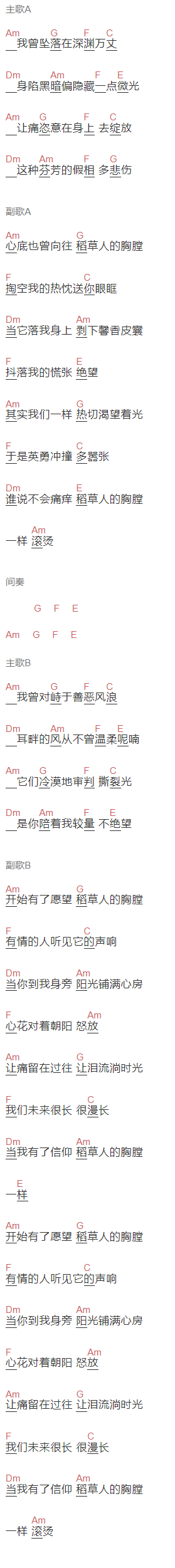 镜予歌《稻草人的胸膛》吉他谱C调和弦谱(txt)1