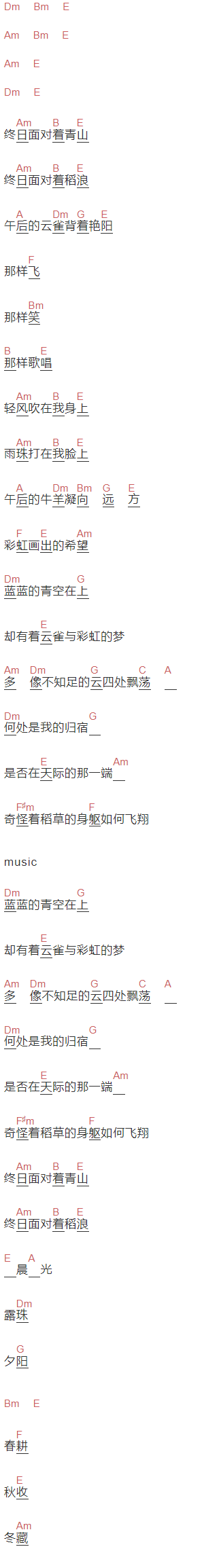 罗大佑《稻草人》吉他谱C调和弦谱(txt)1