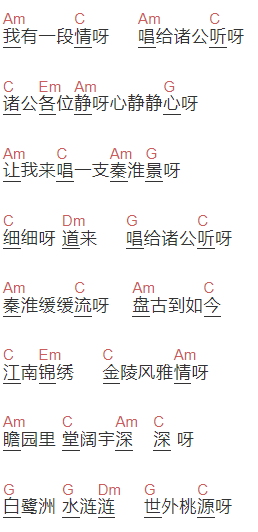 张云雷《秦淮景》吉他谱C调和弦谱(txt)1