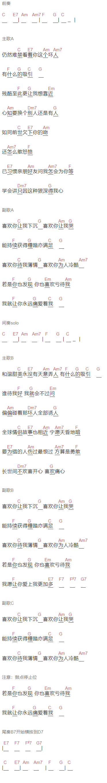 容祖儿《痛爱》吉他谱C调和弦谱(txt)1