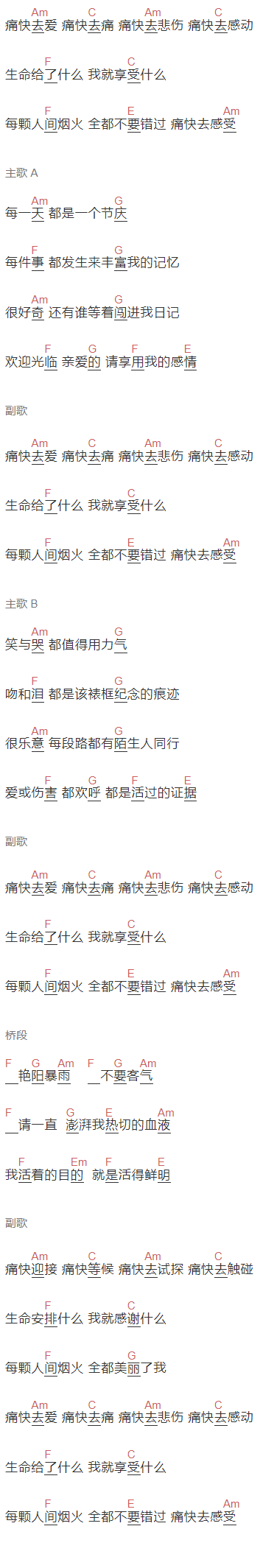 SHE《痛快》吉他谱C调和弦谱(txt)1