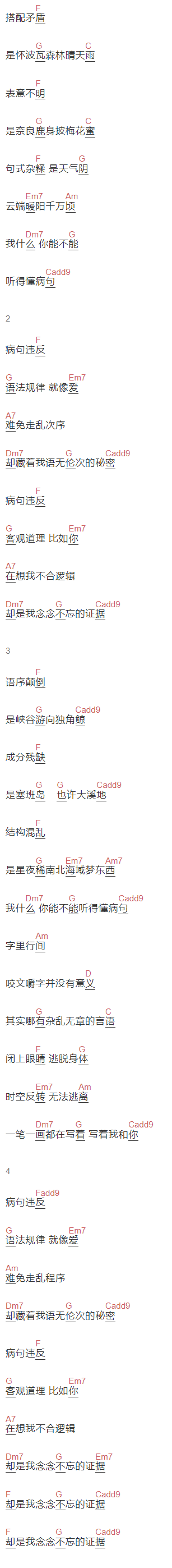  棱镜乐队《病句》吉他谱C调和弦谱(txt)1