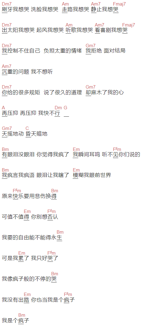许哲佩《疯子》吉他谱C调和弦谱(txt)1