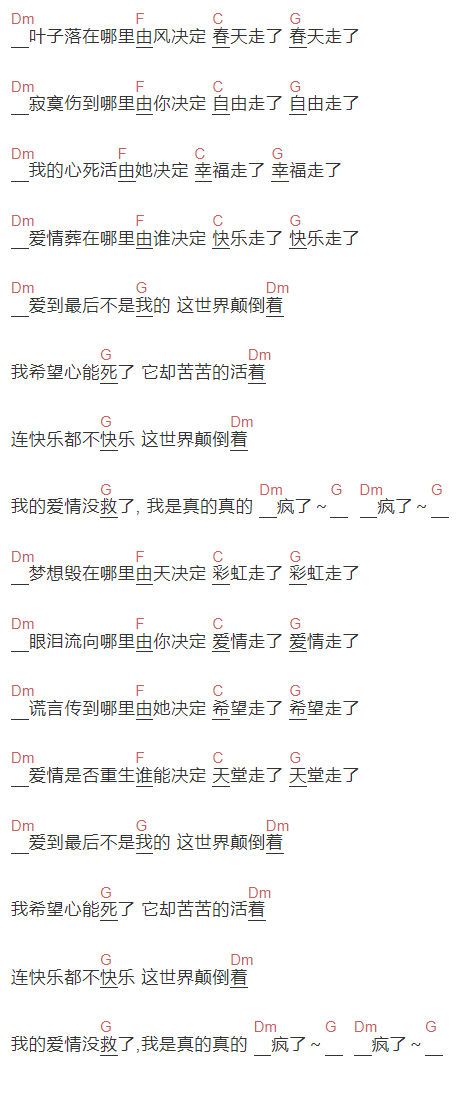 阿桑《疯了》吉他谱C调和弦谱(txt)1