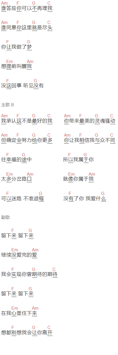 飞轮海《留下来》吉他谱C调和弦谱(txt)1