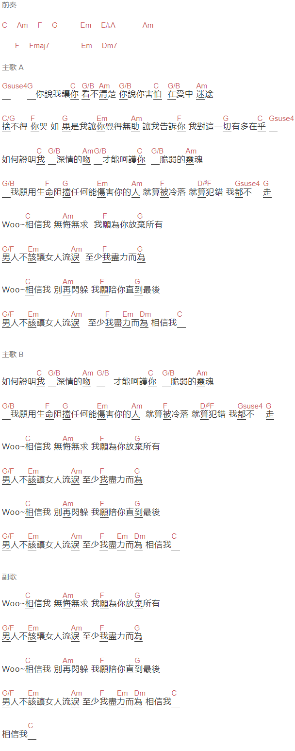 蘇永康 《男人不该让女人流泪》吉他谱C调和弦谱(txt)1