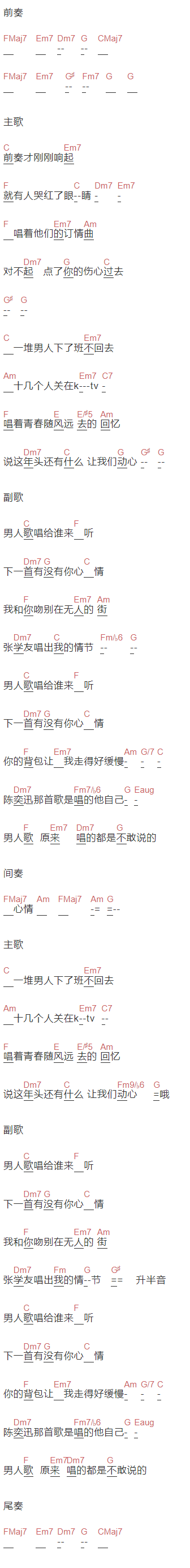 胡彦斌《男人KTV》吉他谱C调和弦谱(txt)1