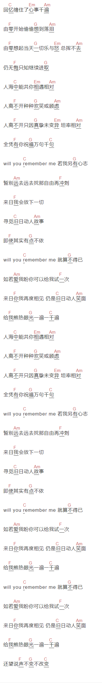 张国荣《由零开始》吉他谱C调和弦谱(txt)1