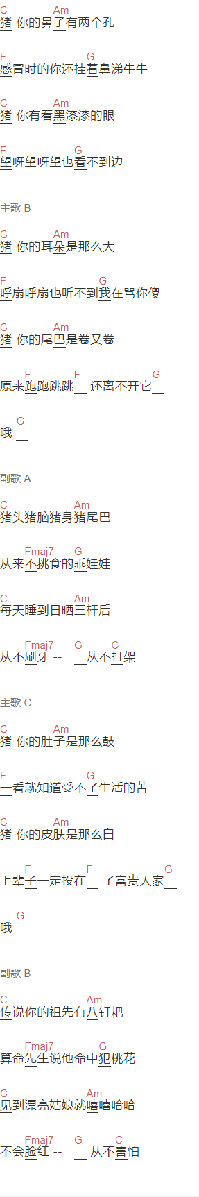 香香《猪之歌》吉他谱C调和弦谱(txt)1