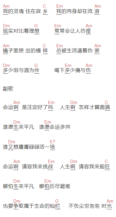 木杰《生来平凡》吉他谱C调和弦谱(txt)1