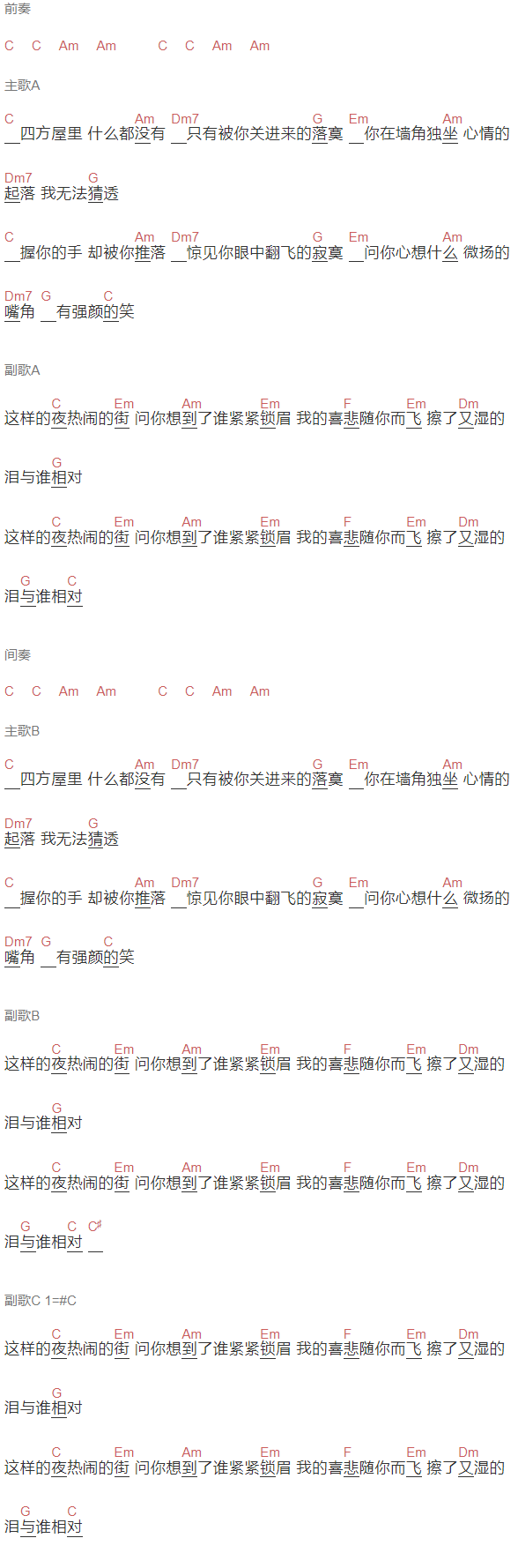 万芳,张宇《猜心》吉他谱C调和弦谱(txt)1