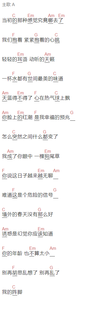 安旭《狗尾草》吉他谱C调和弦谱(txt)1