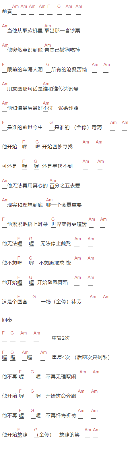郭旭《狗先生》吉他谱C调和弦谱(txt)1
