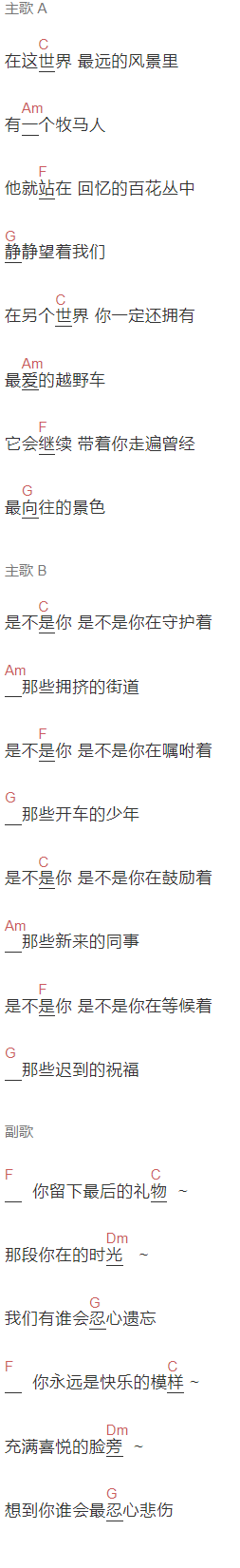 冯佳界《牧马人》吉他谱C调和弦谱(txt)1