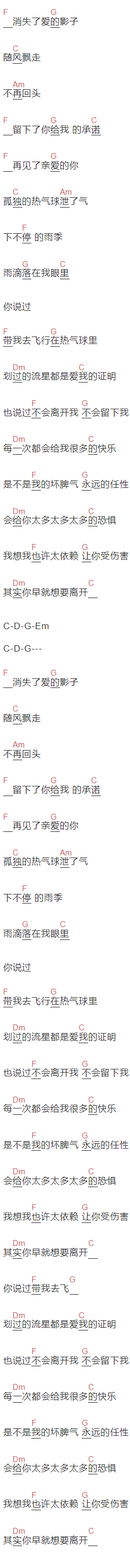  黄淑惠《热气球》吉他谱C调和弦谱(txt)1