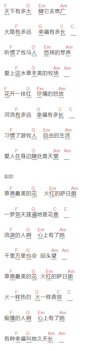 要不要买菜《火红的萨日郎》吉他谱C调和弦谱(txt)1