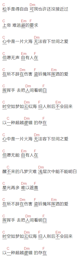 卧轨的火车《火海》吉他谱C调和弦谱(txt)1