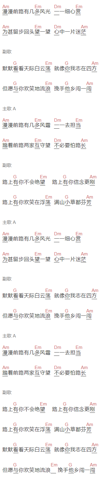 徐小凤《漫漫前路》吉他谱C调和弦谱(txt)1