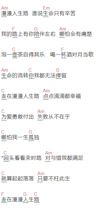  钟镇涛《漫漫人生路》吉他谱C调和弦谱(txt)1