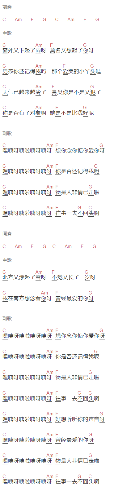 音符姑娘《湘雨谣》吉他谱C调和弦谱(txt)1