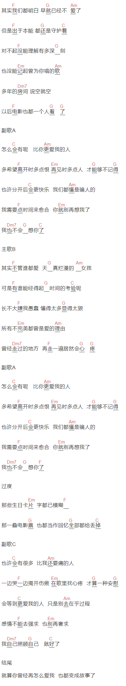 陈壹千《比你更爱我的人》吉他谱C调和弦谱(txt)1
