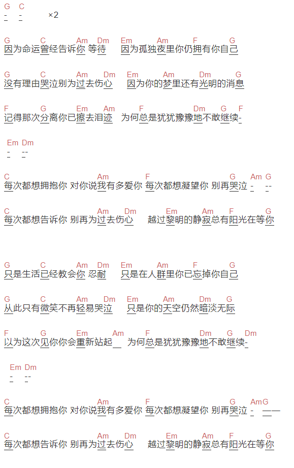 呼吸乐队《每次都想拥抱你》吉他谱C调和弦谱(txt)1