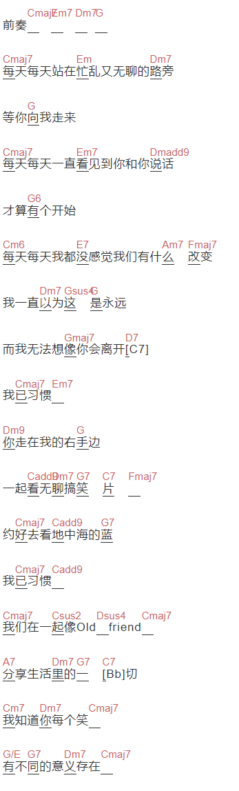 方大同《每天每天》吉他谱C调和弦谱(txt)1