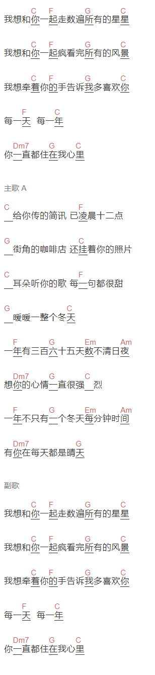 新乐尘符《每一句都很甜》吉他谱C调和弦谱(txt)1