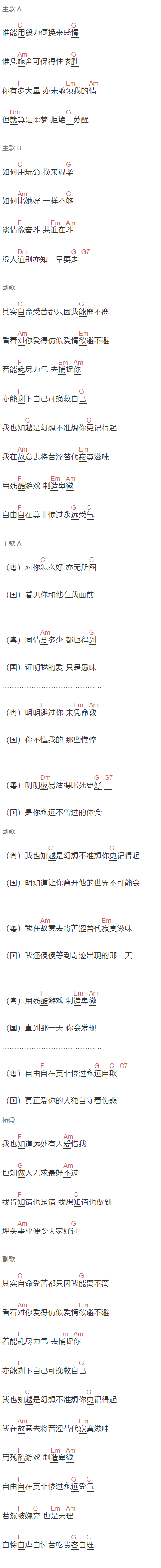  卫兰《残酷游戏》吉他谱C调和弦谱(txt)1