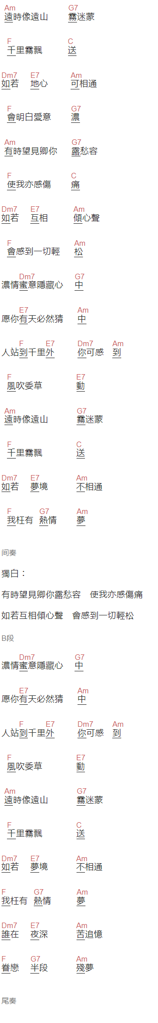 林忆莲《残梦》吉他谱C调和弦谱(txt)1