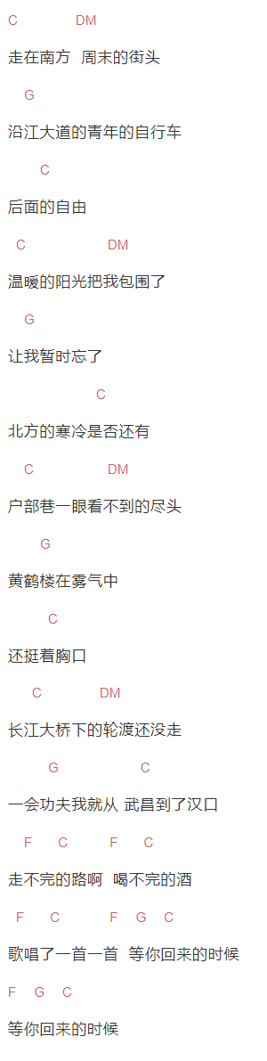 王胜 《武汉》吉他谱C调和弦谱(txt)1